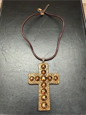 Gold-Tone Cross Pendant Necklace with Amber Stones - Women Jewelry